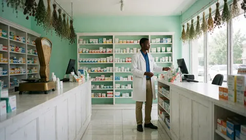 Vue intérieure d'une pharmacie ordonnée avec des étagères remplies de médicaments, une balance et des herbes sèches sur le comptoir.