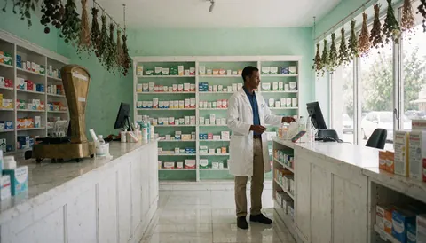 Vue intérieure d'une pharmacie ordonnée avec des étagères remplies de médicaments, une balance et des herbes sèches sur le comptoir.