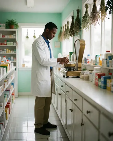 Un pharmacien pèse des herbes sèches sur une balance en bronze dans une pharmacie aux murs verts, comptoirs blancs et étagères remplies de produits.