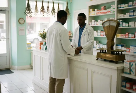 Un pharmacien conseille un client dans une pharmacie, entouré d'étagères de médicaments et d'une balance.