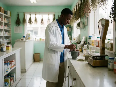 Un pharmacien broie des herbes sèches dans un mortier. On voit une balance, des bouteilles et des murs verts dans un environnement lumineux et professionnel.