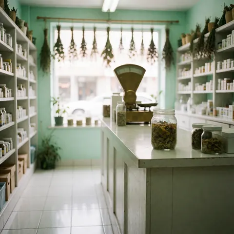 Un remède herbal naturel présenté dans un jarro posé sur une balance, évoquant la pharmacie traditionnelle et le bien-être.