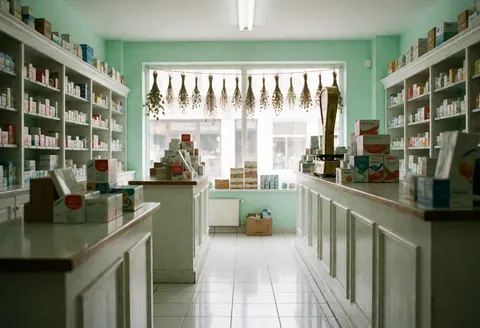 Vue intérieure d'une pharmacie avec comptoir, étagères de produits, balance et lumière naturelle entrant par la fenêtre.