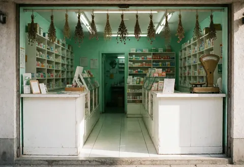 Façade de pharmacie aux murs verts menthe, sol blanc, comptoirs, herbes séchées et balance en bronze. Intérieur avec étagères à médicaments et lumière naturelle.