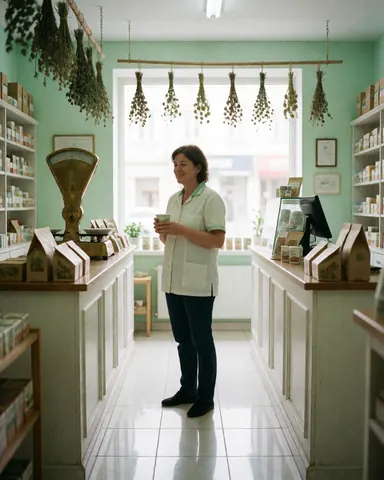 Une cliente heureuse dans une pharmacie aux murs verts menthe et au sol blanc, entourée de plantes séchées suspendues et d'une balance en bronze baignée de lumière naturelle.