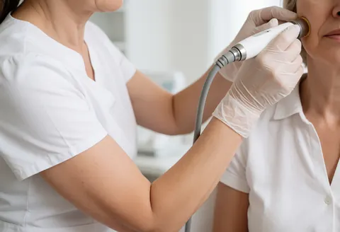 Une esthéticienne effectue un soin du visage à l'aide d'un appareil spécialisé, portant des gants pour garantir l'hygiène du traitement.
