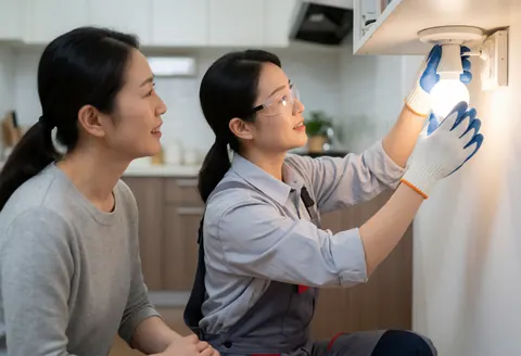 Une électricienne installe un spot en cuisine tandis qu'une cliente observe attentivement, toutes deux satisfaites, avec gants et lunettes de sécurité dans un intérieur moderne.