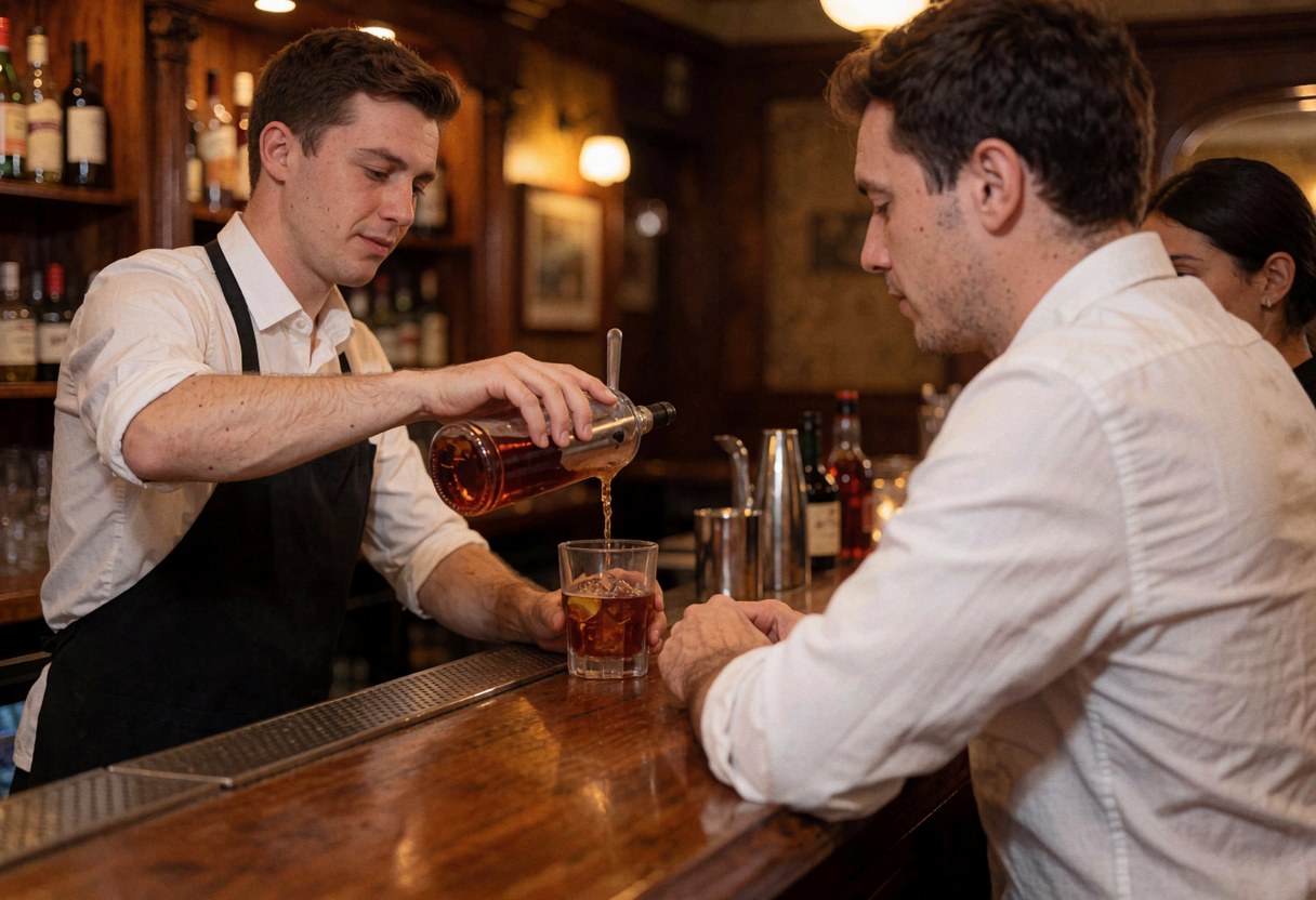 Un bartender sert un cocktail sur un comptoir en bois dans un bar à l'ambiance intime et chaleureuse, tandis qu'un client observe la scène.
