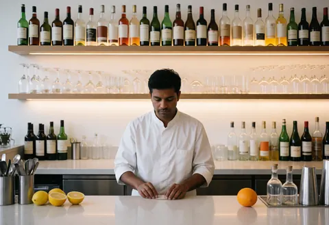 Un bartender prépare une boisson derrière le comptoir du bar avec des bouteilles, des verres et des agrumes dans un cadre chaleureux.