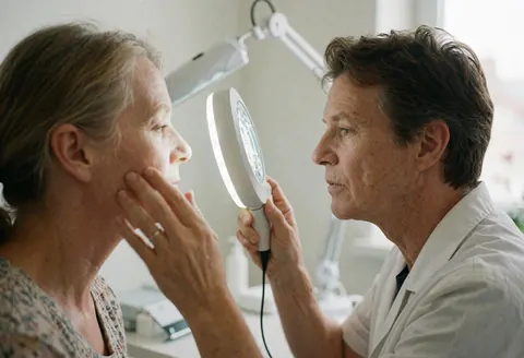 Un professionnel examine attentivement la peau d'une cliente à l'aide d'une lampe dans un cabinet esthétique propre, lumineux et apaisant.