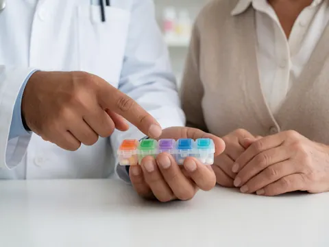 Un pharmacien explique l'utilisation d'un organisateur de pilules à une cliente âgée, mains sur le comptoir, fond flou en pharmacie.