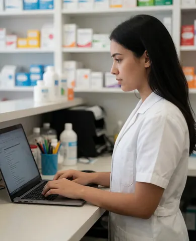 Une jeune femme professionnelle en tenue de travail utilise un ordinateur portable dans un environnement de bureau ou de laboratoire.