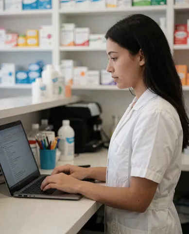 Une jeune femme professionnelle en tenue de travail utilise un ordinateur portable dans un environnement de bureau ou de laboratoire.