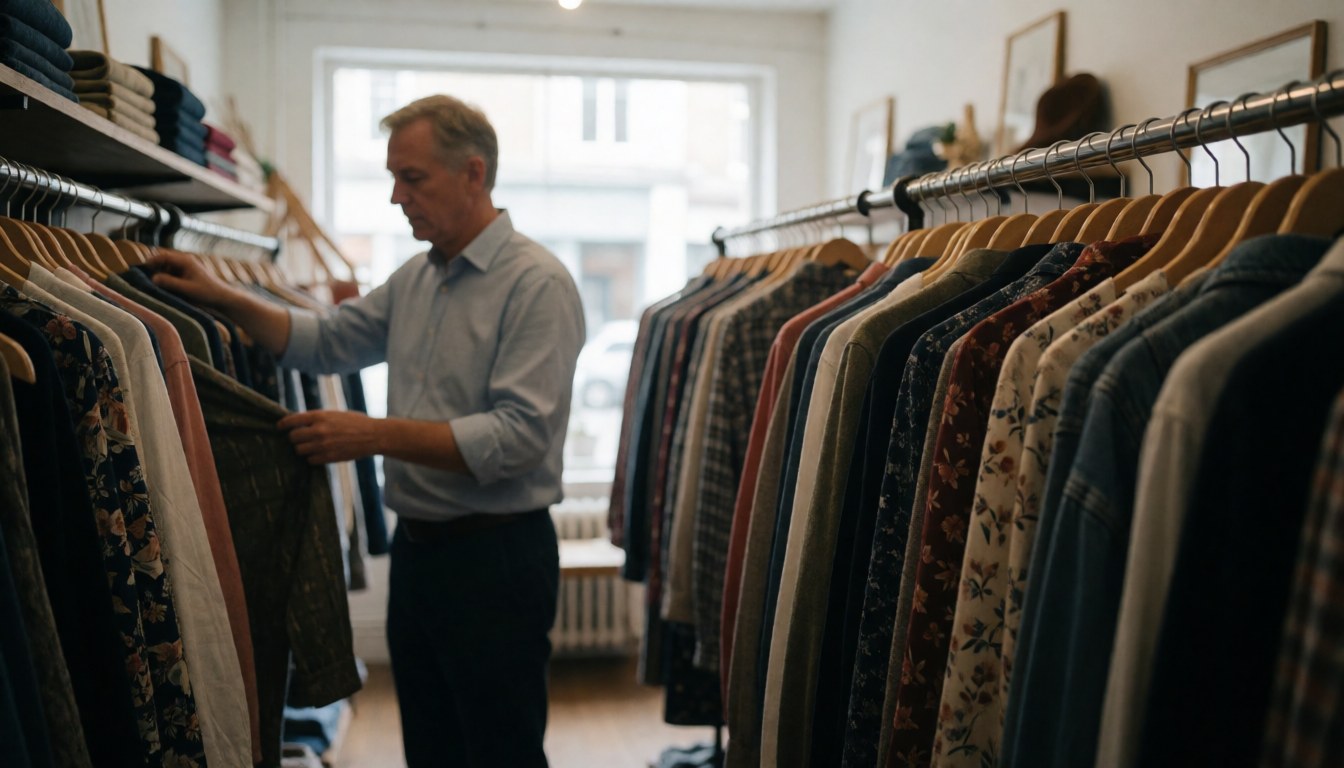 Vue de l'intérieur d'un magasin de mode avec une ambiance chaleureuse et un éclairage soigné mettant en valeur les collections.