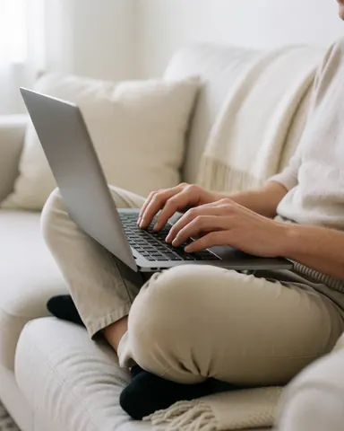 Vue rapprochée des mains d'une personne tapant sur un clavier posé sur ses genoux, installée confortablement sur un canapé dans un intérieur lumineux.