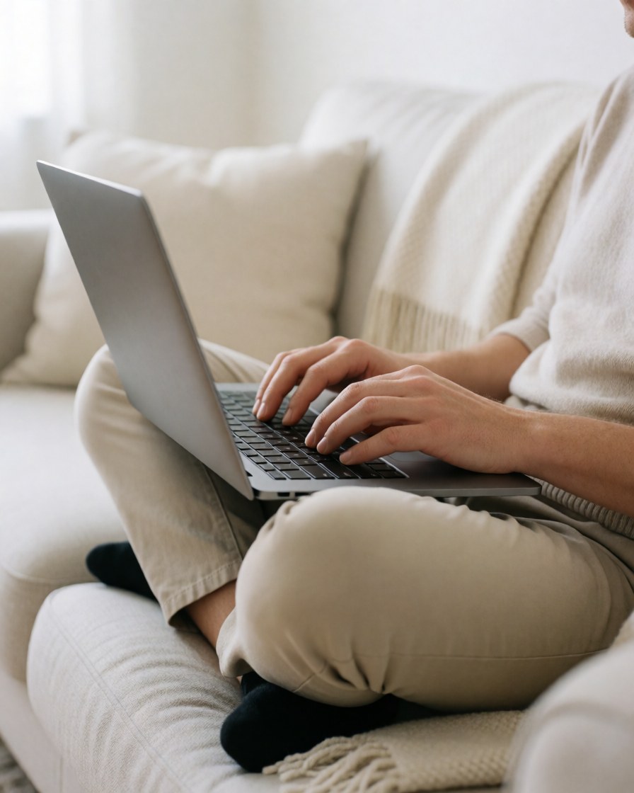 Vue rapprochée des mains d'une personne tapant sur un clavier posé sur ses genoux, installée confortablement sur un canapé dans un intérieur lumineux.