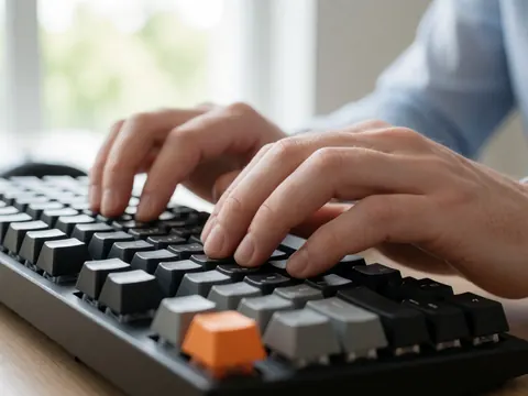 Gros plan sur des mains en train d'écrire sur un clavier mécanique avec un fond flou.