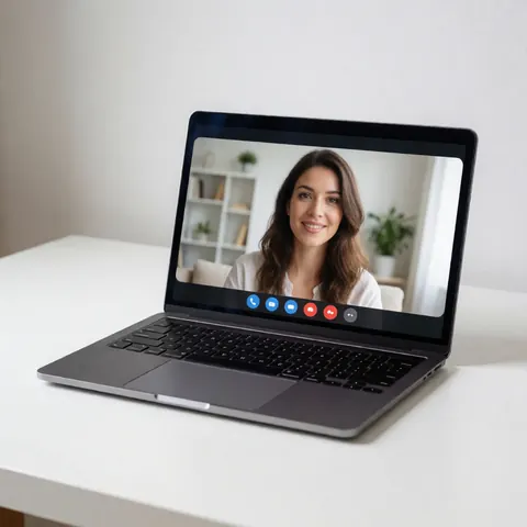 Vue de dessus d'un ordinateur portable moderne affichant une interface d'appel vidéo propre sur un bureau blanc minimaliste, évoquant le travail à distance professionnel.