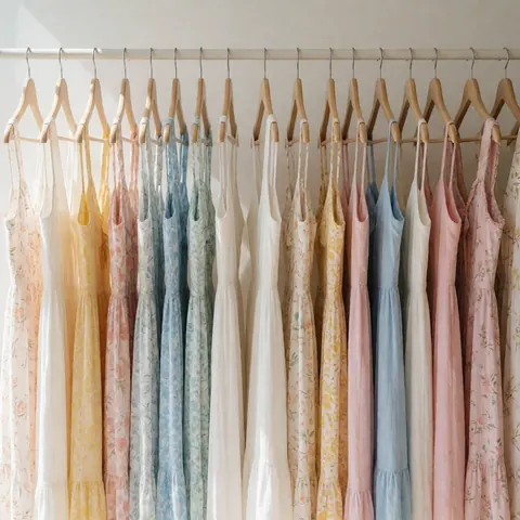 Collection de robes d'été aux couleurs pastel, suspendues sur des cintres en bois, sur un fond blanc avec une lumière douce et naturelle.