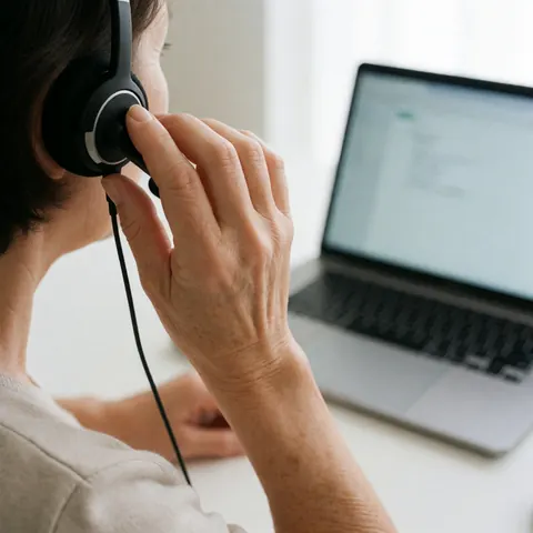 Adulte réglant son casque audio pendant qu'il travaille sur un ordinateur portable dans un environnement de télétravail professionnel.