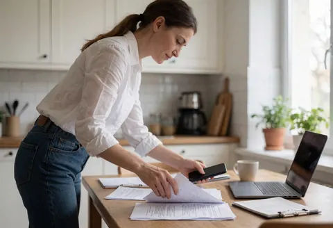 Une femme debout dans une cuisine organise des papiers et utilise son téléphone portable, tandis qu'un ordinateur portable est ouvert sur la table baignée de lumière naturelle.
