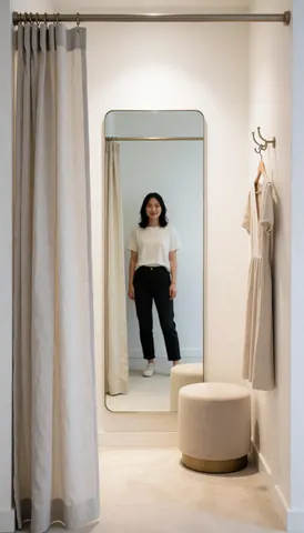 Intérieur d'une cabine d'essayage de magasin de vêtements avec miroir, rideau de lin, fauteuil et robe suspendue, éclairé par une lumière douce et professionnelle.