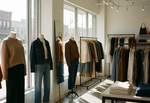 Vitrine et intérieur d'un magasin de mode moderne. Mannequins habillés, cintres chargés de vêtements, grandes fenêtres laissant entrer la lumière du soleil. Ambiance propre et accueillante.
