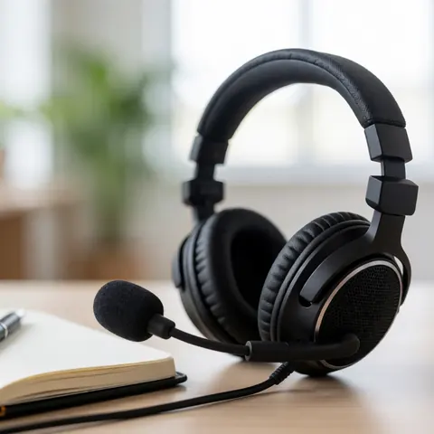 Casque professionnel avec microphone posé sur une table en bois à côté d'un carnet ouvert, idéal pour le télétravail et les réunions.