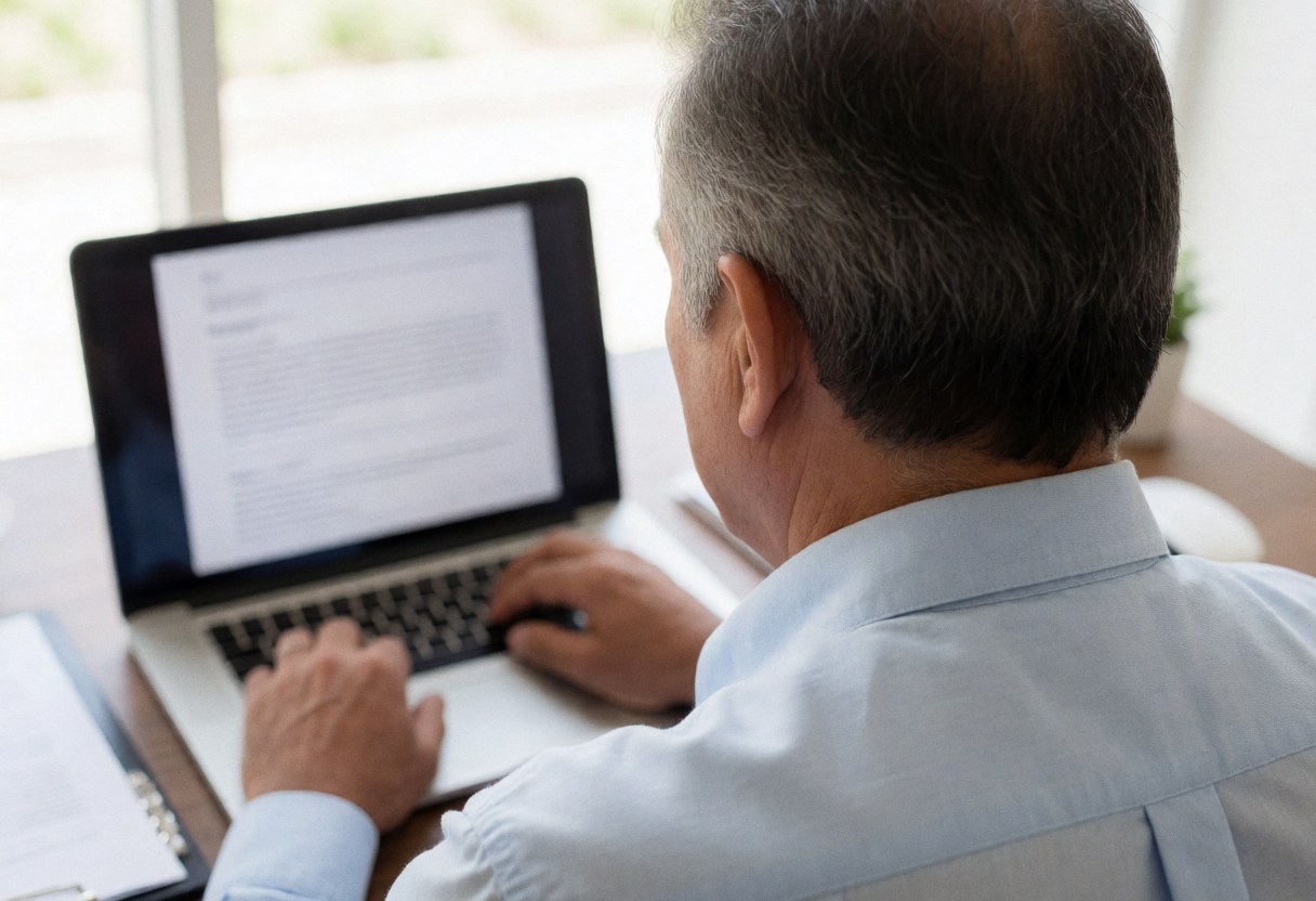 Vue arrière d'un homme âgé utilisant son ordinateur portable sur un bureau baigné de lumière naturelle, évoquant le télétravail ou les visioconférences.