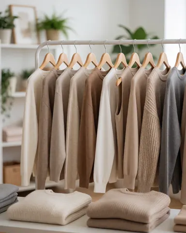Présentoir de pulls aux tons neutres dans une boutique de vêtements, avec plantes et étagères en arrière-plan, ambiance propre et professionnelle.