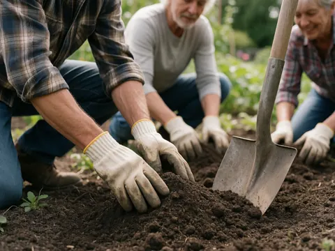 Des gants de travail et une pelle reposant sur le sol d'un jardin communautaire, évoquant l'entretien des espaces verts.