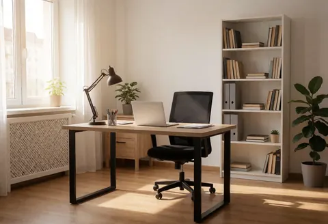 Espace de travail à domicile avec bureau, chaise, étagère et fenêtre laissant entrer la lumière naturelle, créant une ambiance ordonnée et calme.
