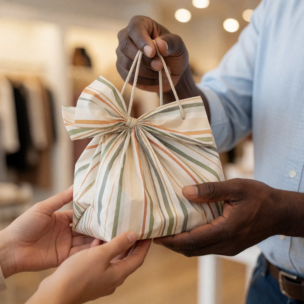 Un sac cadeau en tissu avec des rayures colorées est posé sur une surface claire, évoquant un service de livraison ou d'emballage pour une boutique de vêtements.