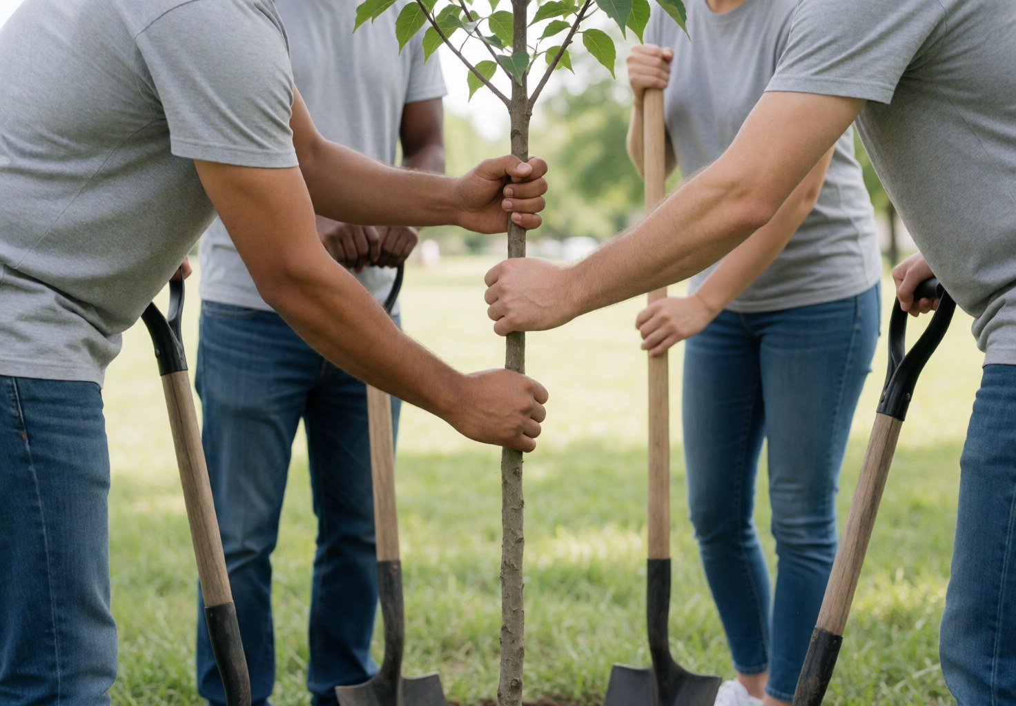 Groupe de volontaires en train de planter un jeune arbre dans un parc avec des pelles, sur un sol naturel.