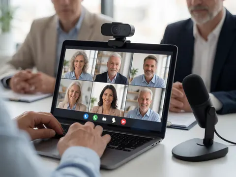 Vue rapprochée d'un équipement de travail à distance incluant un ordinateur portable, une webcam et un microphone posés sur un bureau.