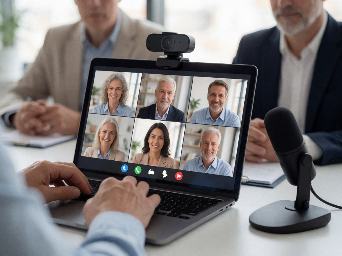 Vue rapprochée d'un équipement de travail à distance incluant un ordinateur portable, une webcam et un microphone posés sur un bureau.