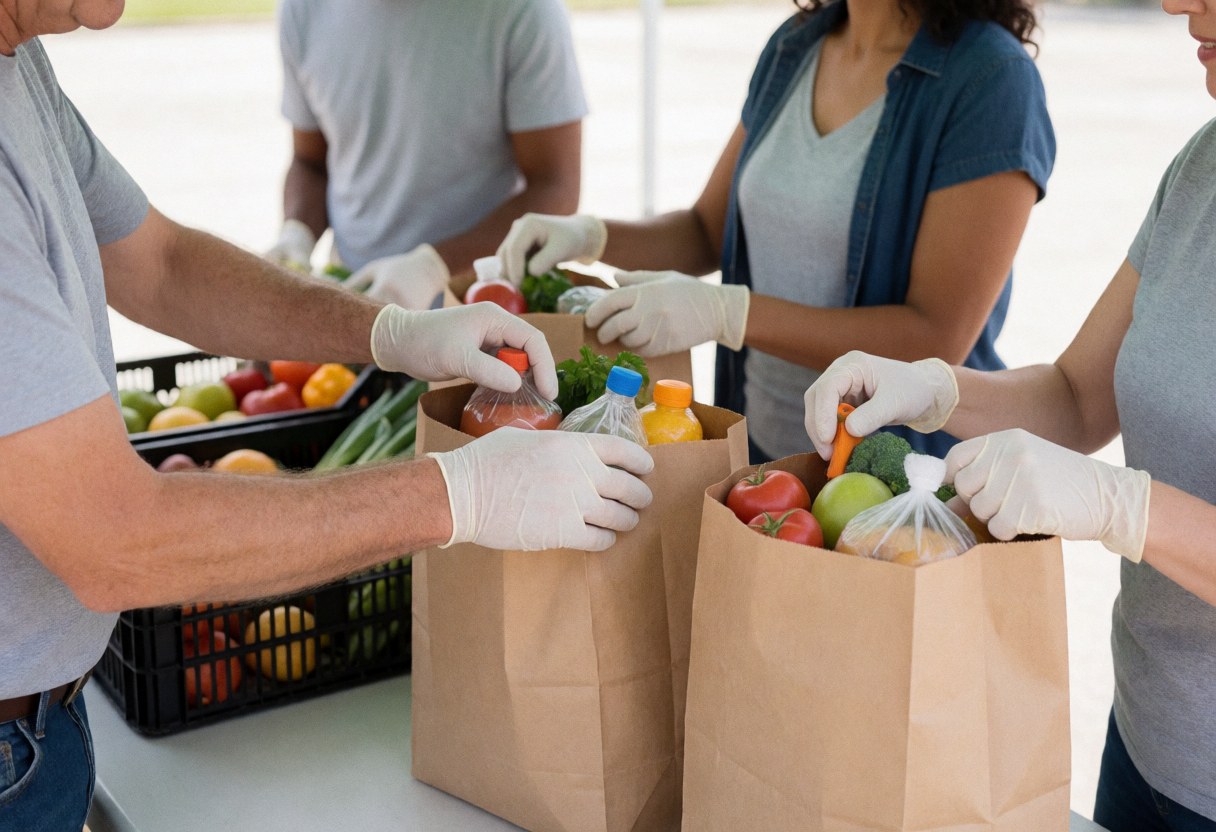 Des volontaires portant des gants remplissent des sacs avec des fruits et légumes sous un auvent, entourés de caisses.