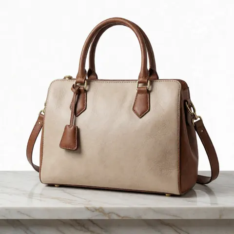 Un sac à main en cuir de couleur sombre posé sur une surface en marbre blanc veiné, mettant en valeur le luxe et la qualité du produit.
