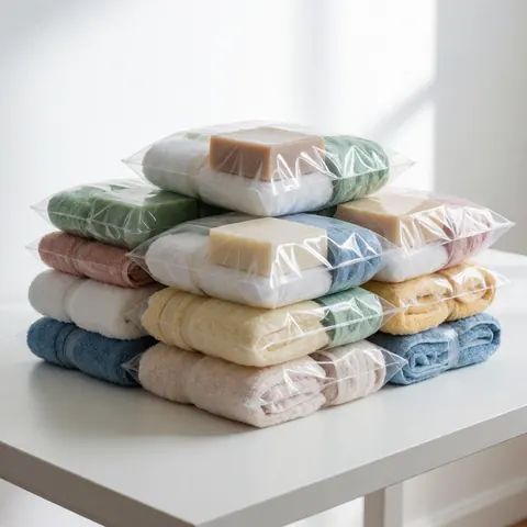Plusieurs kits d'hygiène individuels soigneusement empilés les uns sur les autres, présentés sur une surface blanche dans un cadre de studio avec un éclairage uniforme.