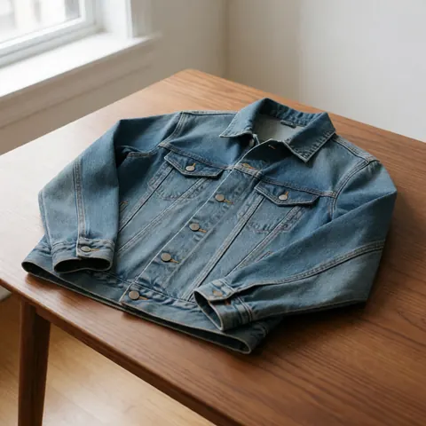Veste en denim bleu présentée sur une surface blanche, mettant en valeur les détails du vêtement pour un usage commercial.