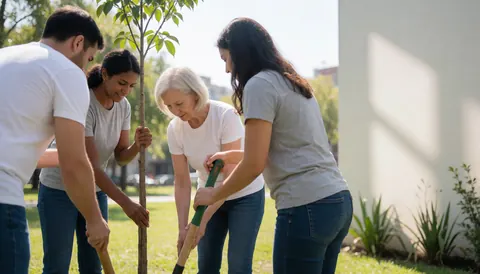 Groupe de personnes participant à une action écologique collective pour planter des arbres dans un espace vert urbain.