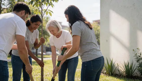 Groupe de personnes participant à une action écologique collective pour planter des arbres dans un espace vert urbain.