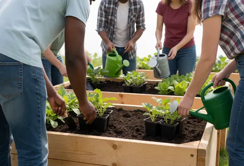 Quatre personnes travaillent ensemble pour planter des légumes dans des caisses en bois avec des arrosoirs et des outils sous un soleil brillant.