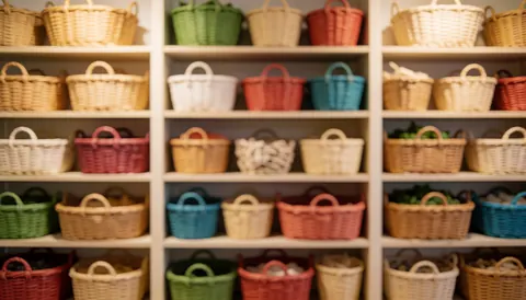 Étagère en bois clair garnie de paniers tressés aux couleurs variées, créant un fond doux et chaleureux adapté à l'ajout de texte.