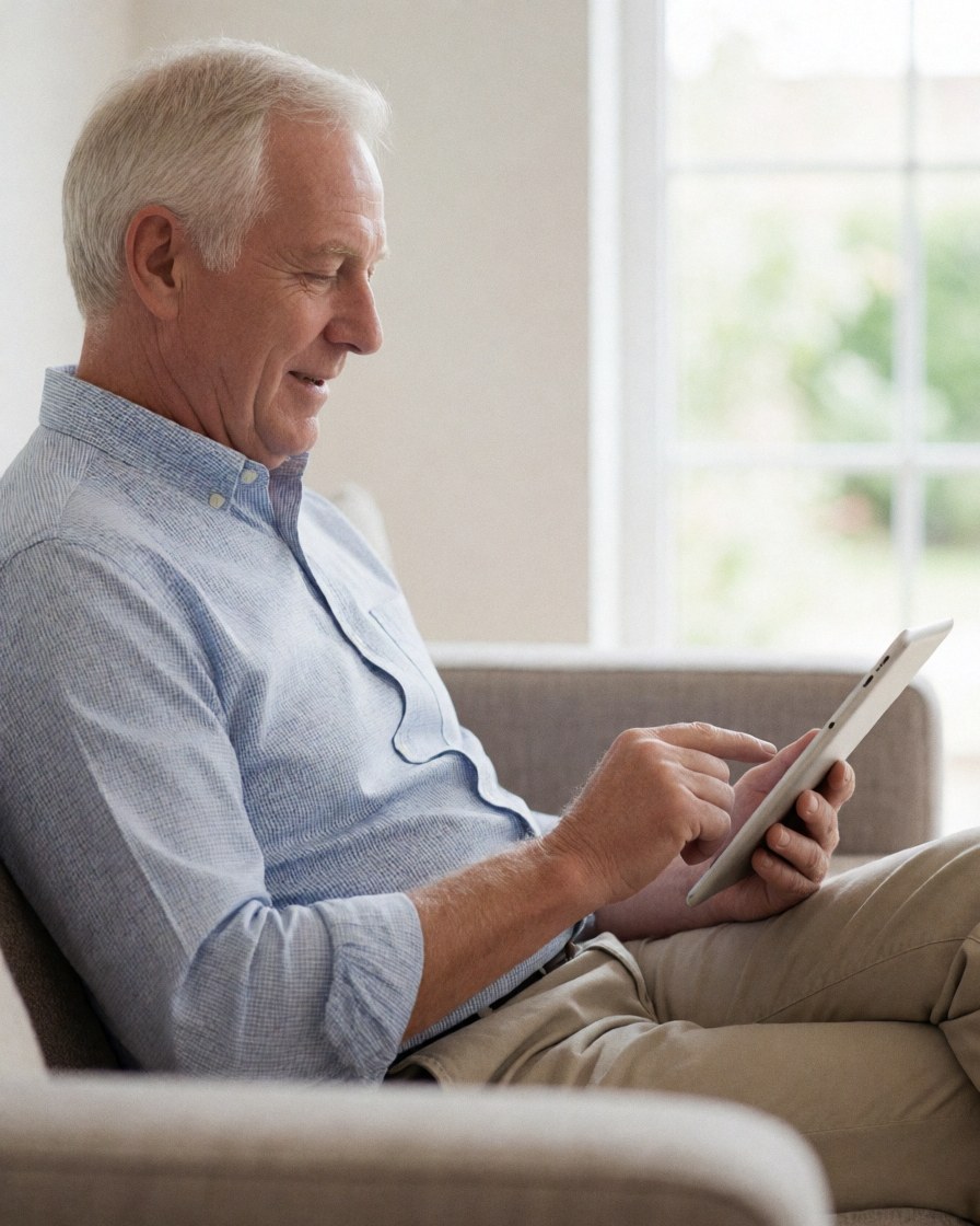 Un homme senior souriant utilise une tablette numérique dans un intérieur lumineux, évoquant le télétravail et la satisfaction client.