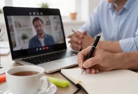 Une personne écrit dans un carnet pendant une visioconférence, avec un ordinateur portable, une tasse de thé et un marqueur sur le bureau.
