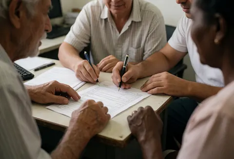 Deux volontaires assistent une personne âgée pour compléter un document administratif sur un bureau, illustrant l'entraide et le service communautaire.