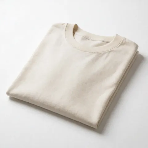 Un t-shirt basique en coton blanc à col rond et manches courtes, soigneusement plié, présenté sur un fond blanc uni pour une photographie de produit commerciale.