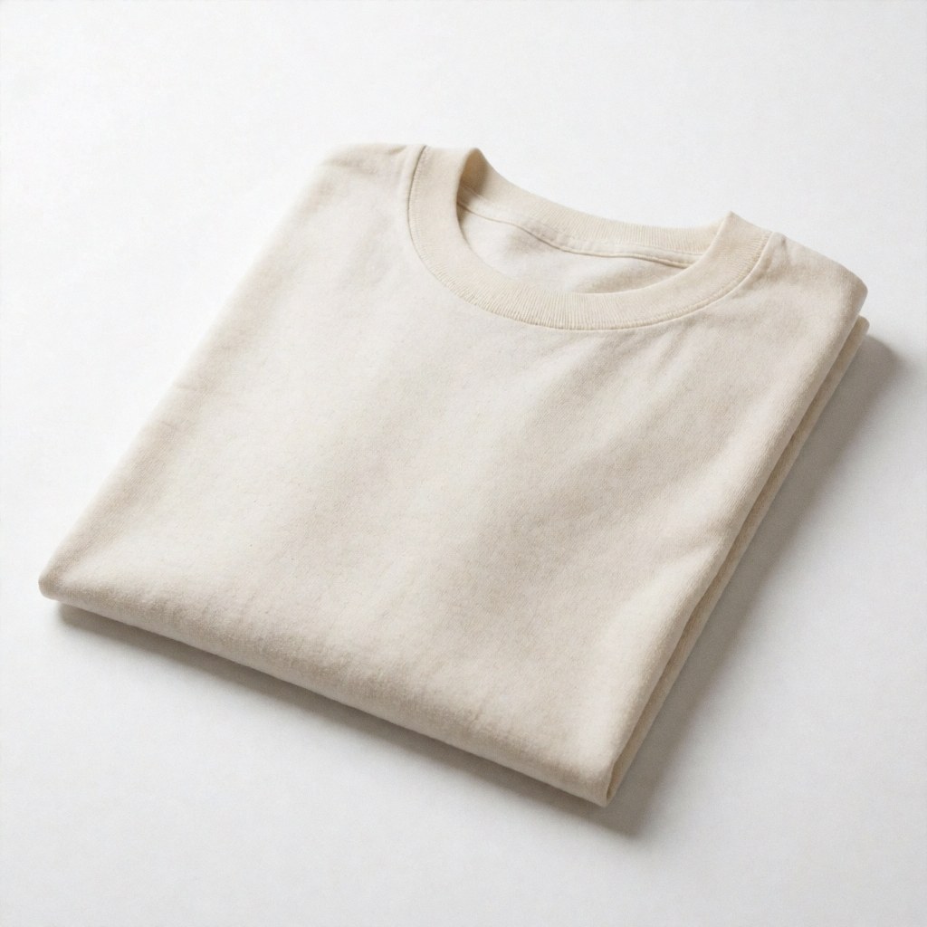 Un t-shirt basique en coton blanc à col rond et manches courtes, soigneusement plié, présenté sur un fond blanc uni pour une photographie de produit commerciale.