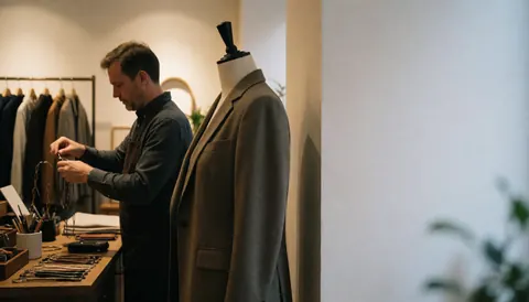 Le propriétaire d'une boutique de vêtements organise des accessoires sur une table, avec un mannequin vêtu d'un blazer au premier plan et un mur blanc offrant de l'espace pour un titre.